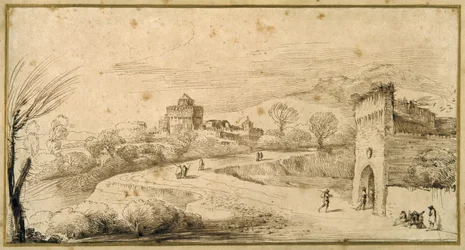 Paisaje con una puerta almenada y un camino sinuoso