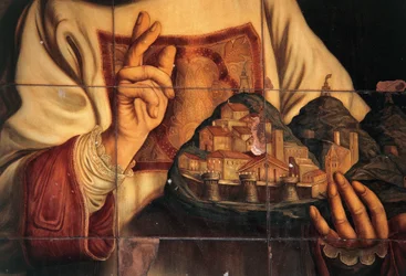San Marino bendiciendo la ciudad que sostiene en su mano, óleo sobre lienzo, por Giovanni Francesco Barbieri, llamado Guercino, Palacio de Congresos, San Marino, República de San Marino