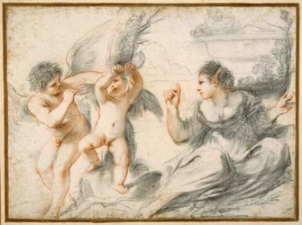 Venus regaña a Cupido, mientras un Cupido mayor lo ata a un árbol