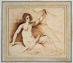 Una mujer desnuda reclinada levantando una cortina