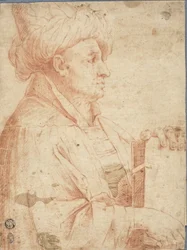 Busto de hombre con turbante y un libro