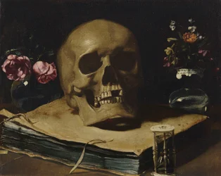 Guercino - Un bodegón vanitas con una calavera sobre un libro, un reloj de arena y dos jarrones de cristal con flores