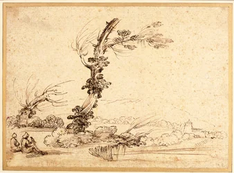 Paisaje con halconeros junto a un árbol