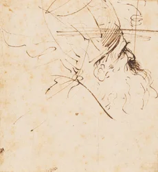 Boceto de la cabeza de un eclesiástico con mitra, mirando hacia arriba a la derecha