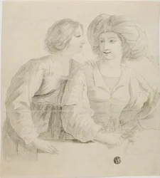 Dos mujeres jóvenes, una con turbante, conversando