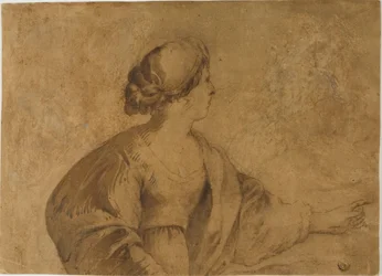 Mujer de perfil, señalando con la mano izquierda