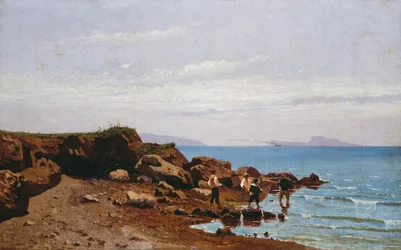 Pescadores en la costa napolitana, con la isla de Capri al fondo, de Guglielmo Ciardi (1842-1917), óleo sobre lienzo, 47,5x76,5 cm.