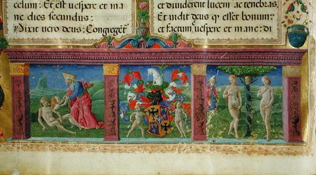 La Creación y Tentación de Adán y Eva con el escudo de armas de la Casa de Este, de la Biblia de los Cartujos