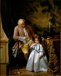 La reprimenda. Una niña es regañada porque rompió su muñeca. El juguete cayó al suelo. Pintura de Guido Gonin (1833-1906)