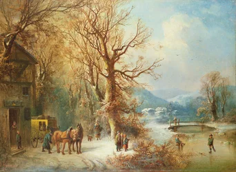 Carruaje y Caballos en un Paisaje Nevado