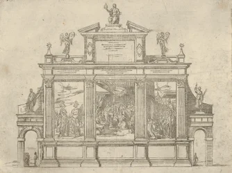 Fachada de un monumento triunfal con tres escenas que representan hechos del Papa Clemente VIII, 1598