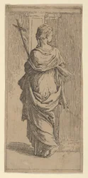 Chica llevando un crucifijo y avanzando hacia un pilar, vista desde atrás, ca. 1590-1600