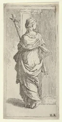 Chica llevando un crucifijo y avanzando hacia un pilar, vista desde atrás, ca. 1590-1600