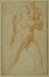 Hombre desnudo caminando hacia adelante, con los brazos cruzados y mirando sobre su hombro derecho