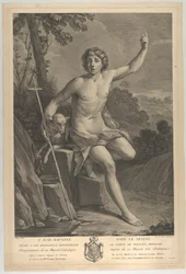 San Juan Bautista en el desierto, sentado en una roca y señalando hacia arriba con su mano izquierda, 1770