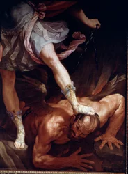 San Miguel aplasta la cabeza del demonio (detalle de los zapatos de seda)