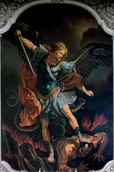 El Arcángel San Miguel Aplastando al Dragón Pintura de V. M. De Girolamo (siglo XX) según Guido Reni. 1957