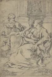 La Sagrada Familia sentada junta frente a una columnata, San José leyendo, ca. 1590-1610