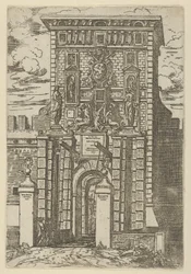 La Porta Galliera, la puerta de entrada a Bolonia y el puente levadizo con decoraciones temporales, 1598