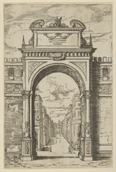 Arco triunfal coronado por una estatua de Moisés, edificios vistos a través del arco abajo...