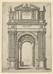 Arco triunfal coronado por una mujer sentada en un delfín, cuatro figuras de pie abajo, un tem..., 1598