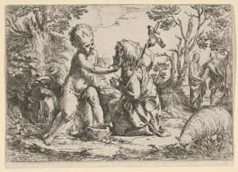 Joven San Juan Bautista arrodillado ante el niño Cristo que acaricia su rostro, ca. 1600-1640