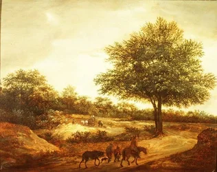 Un paisaje boscoso con viajeros en un camino, una cabaña más allá