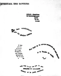 Caligrama de Guillaume Apollinaire (1880-1918) que representa un rostro: «El acontecimiento de los sabores»