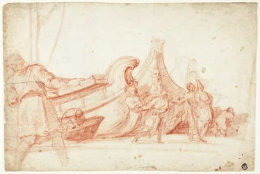 Escena de muelle (anverso); Dos bocetos de figuras masculinas (reverso)