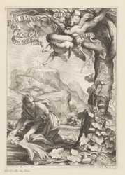 Representación alegórica de una mujer aclamada regando un árbol de calabaza; en el fondo las figuras ascienden una montaña Página de título para: Giovanni Baptista Ferrari, Fasti Senenses, Ab Academia Intronatorum Editi, 1661