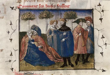 Escena galante de cortesanos, miniatura en Roman de la Rose de Guillaume Lorris