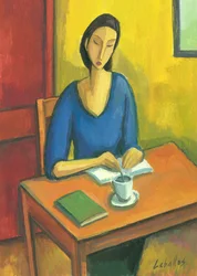Chica con libros y café, 2010 (gouache sobre papel)