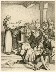 Martín Lutero da conferencias en la universidad de Wittenberg, delante de él el vicerrector Dr. Pollich y su amigo paterno Johann von Staupitz (1460-1524).