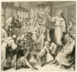 Martín Lutero en discusión con el Dr. Johannes Eck (Johann Maier von Eck) (1486-1543), del lado de Lutero están Philipp Melanchthon (1497-1560)y Karlstadt (Andreas Rudolf Bodenstein von Karlstadt