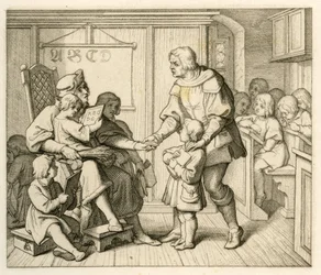 Martin Luthers matriculado en la escuela de Mansfeld, en esta ilustración junto a su padre Hans