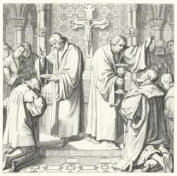 La Sagrada Comunión mostrada en formas protestante y católica (grabado)