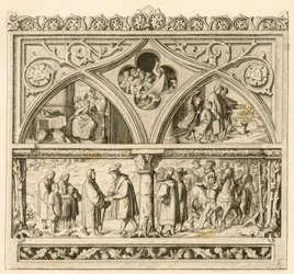 El viaje de Martín Lutero al conde Mansfeld (Hoyer VI de Mansfeld-Vorderort (1477-1540) ; imagen arriba a la izquierda : la triste Katharina , en el centro : la furia del río Saale , a la derecha : Lutero junto a sus hijos. imagen abajo : Lutero y el conde