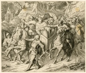El secuestro de Martín Lutero en su viaje de regreso - 1521 - por Hauptmann von Berlepsch y Burkhard Hund, debido a la bula de excomunión del papa y la proscripción del emperador.