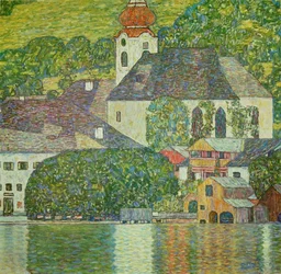 Iglesia de Unterach en el lago Attersee (pintura sobre lienzo)