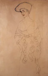 "Mit leichter wendung nach links" (Legerement tourne vers la gauche). Dessin de Gustave Klimt (1862-1918). Crayons de couleurs. Collection privee