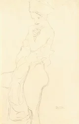 Desnudo de pie a la izquierda, sosteniendo una toalla al cuerpo, 1917