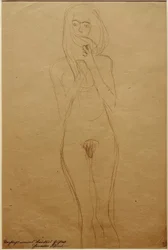 Desnudo femenino de pie, la boca cubierta por el cabello