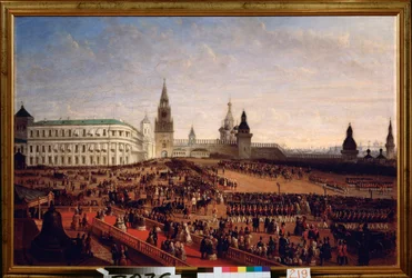 Desfile militar durante la coronación del emperador Alejandro II (1818-1881) en el Kremlin de Moscú, 18 de febrero de 1855. Pintura de Gustav Schwarz (circa 1800-después de 1855), óleo sobre lienzo