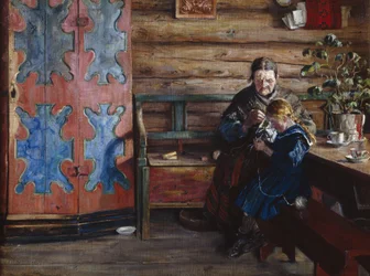 Interior de granja con nieta (óleo sobre lienzo)
