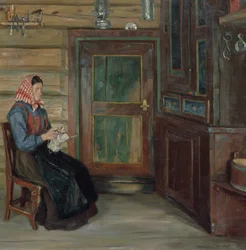 Interior de granjeros con mujer tejiendo