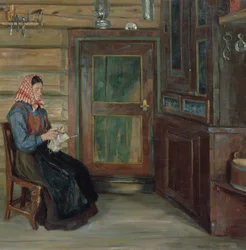 Interior de granjero con mujer tejiendo