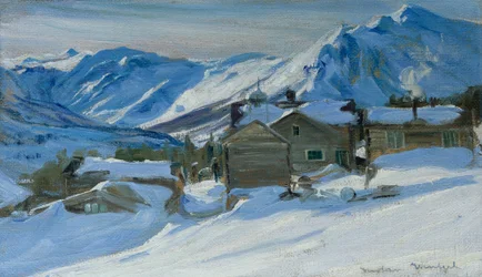Granja de montaña en paisaje de nieve