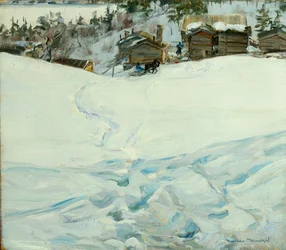 Granja de montaña en paisaje invernal (óleo sobre lienzo)