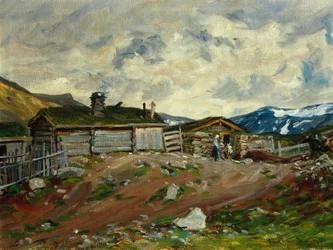 Granja de montaña con mujer y vaca.
