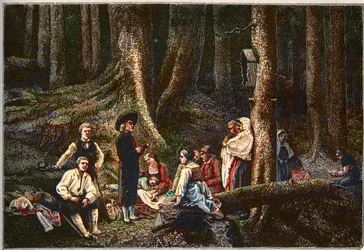 Los peregrinos de la Abadía de Santa Odilia (Santa Odilia - patrona de Alsacia) grabado por Gustave Brion (1824-77)